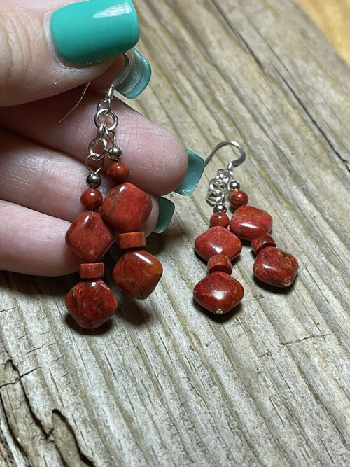 Handcrafted Sterling Silver Apple Coral 2 Strand Beaded Earrings
