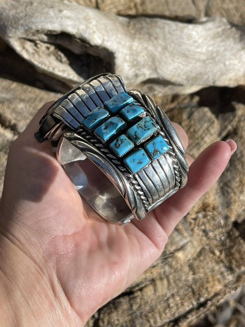 Vintage Handcrafted Sterling Silver & Kingman Turquoise Non Working Watch Bracelet