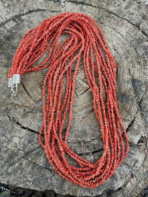 Handcrafted Sterling Silver Pink Coral 10 Strand Bead Necklack