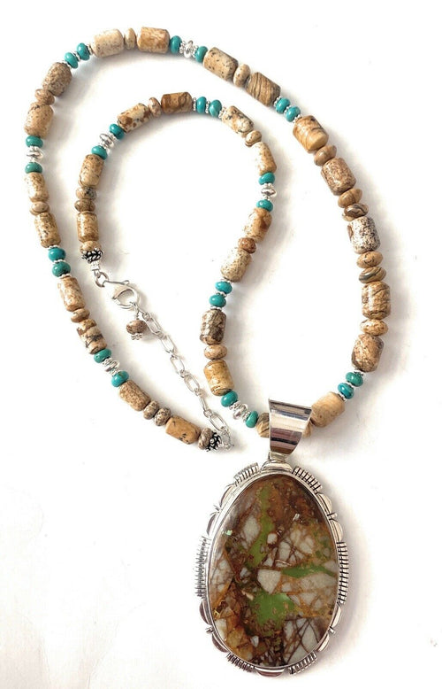 Handcrafted Jasper, Turquoise And Sterling Silver Beaded Necklace & Pendant Signed