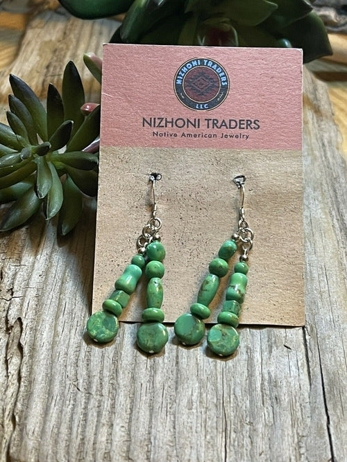 Handcrafted Sterling Dyed Green Kingman Turquoise Multi Bead Earrings