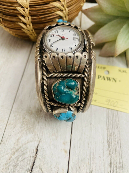 Handcrafted Old Pawn Vintage Kingman Turquoise & Sterling Silver Watch Cuff