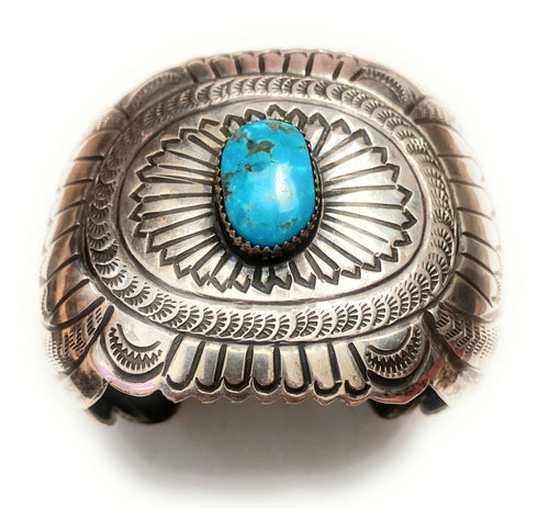 Handcrafted Vintage Turquoise & Hand Stamped Sterling Silver Cuff Bracelet