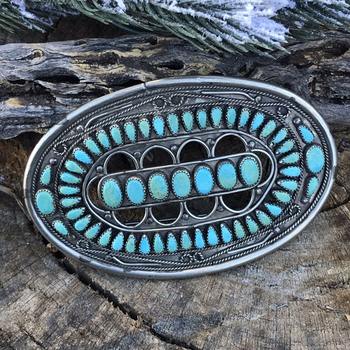 Handcrafted Vintage Jumbo Sterling Silver & Royston Turquoise Pin / Pendant