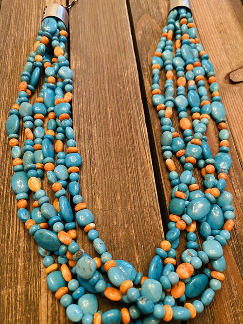 Handcrafted Turquoise, Spiny & Sterling Silver 6-Strand Beaded Necklace