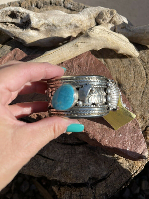 Handcrafted Vintage Sterling Silver & Kingman Turquoise Non Working Watch Bracelet