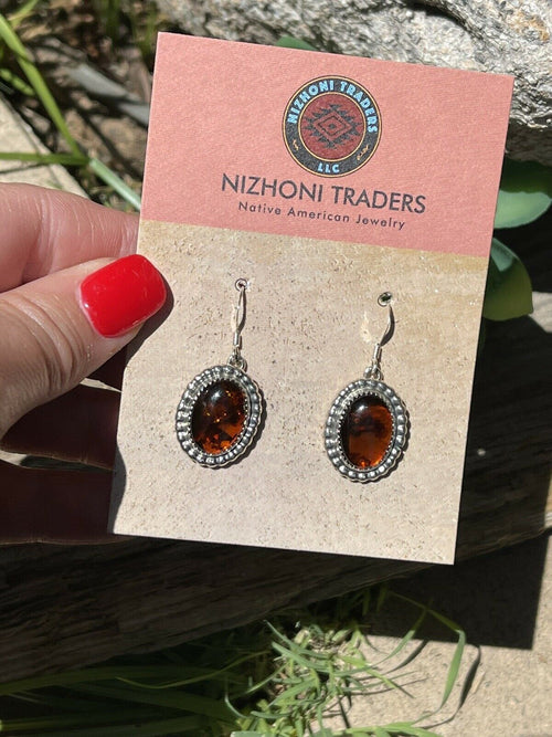 Handcrafted Sterling Silver and Bead Dot Style Amber Dangle Earrings