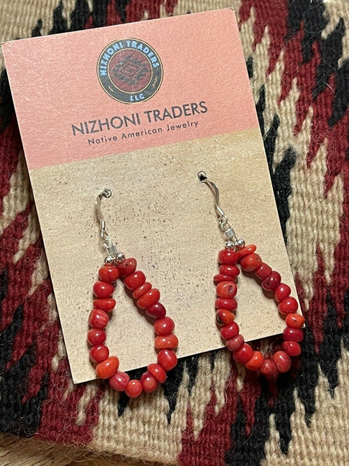 Handcrafted Sterling Silver Bead Apple Coral Dangle 2”Long Hoop Earrings