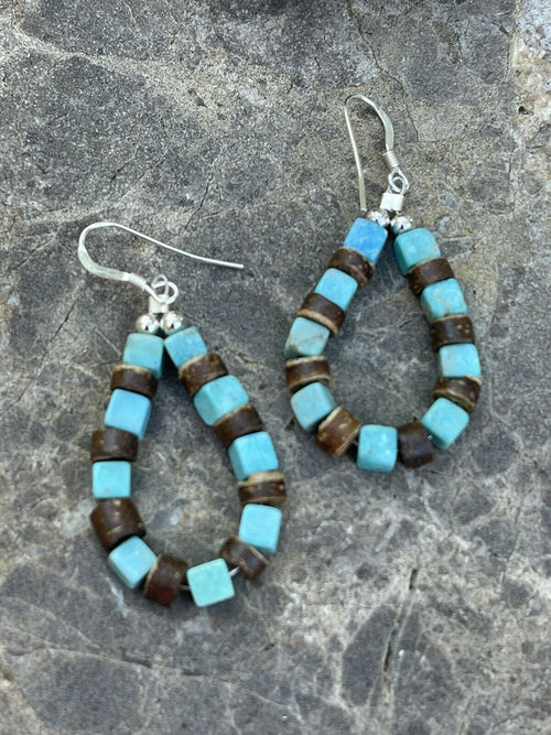 Handcrafted Turquoise & Jasper Sterling Silver Beaded Dangle Hoop Earrings