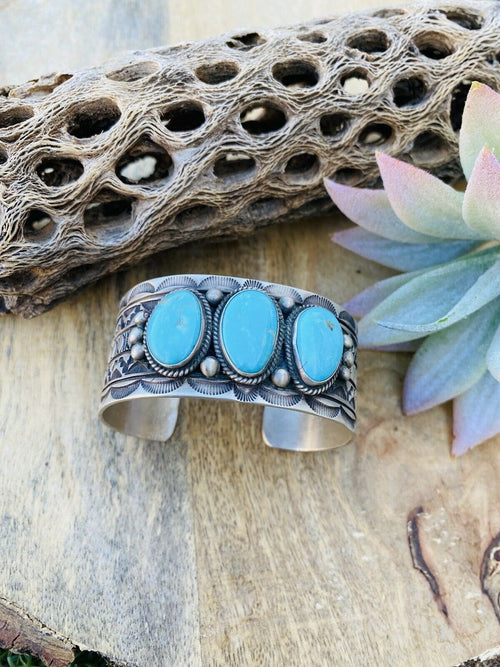 Handcrafted Vintage Turquoise & Sterling Silver Hand Stamped Cuff Bracelet /