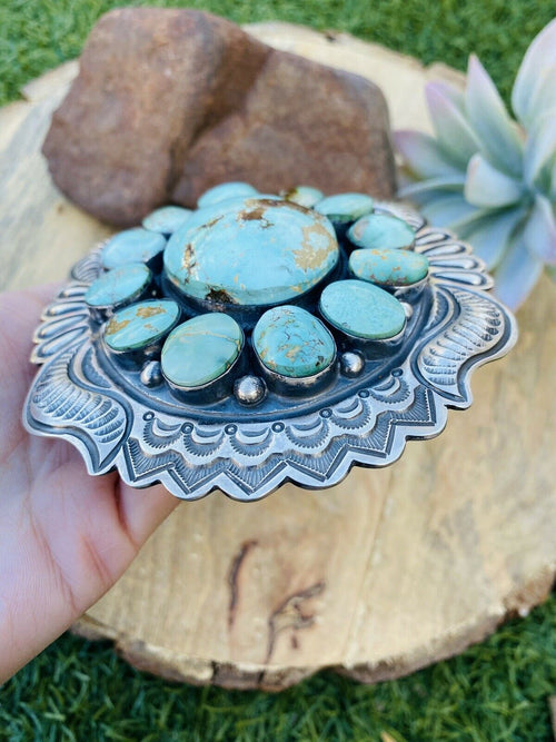 Handcrafted Stunning Vintage Number 8 Turquoise & Sterling Silver Belt Buckle Signed