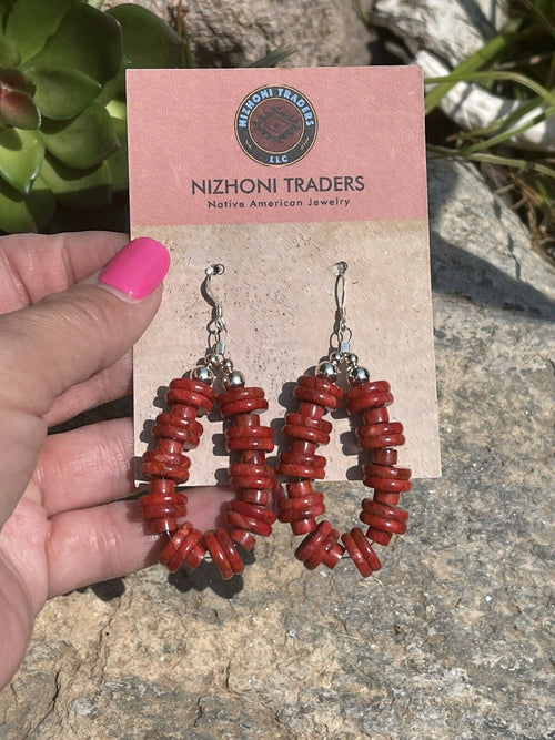 Handcrafted Sterling Silver Double Bead Apple Coral Dangle Hoop Earrings