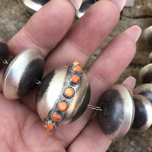 Handcrafted Orange Spiny & Sterling Disk Pearl 20 Mm -12 Mm Bead Necklace Set