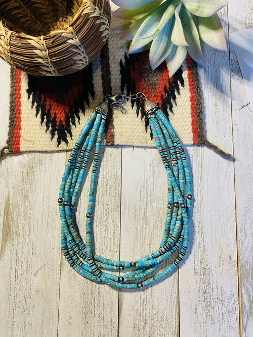 Handcrafted Turquoise & Sterling Silver Beaded 5 Strand Beaded Necklace