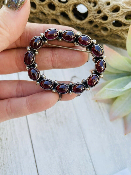 Handcrafted Vintage Garnet Sterling Silver Brooch Signed