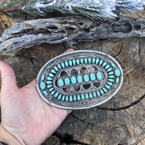 Handcrafted Vintage Jumbo Sterling Silver & Royston Turquoise Pin / Pendant