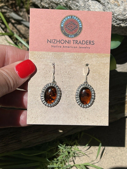 Handcrafted Sterling Silver and Bead Dot Style Amber Dangle Earrings