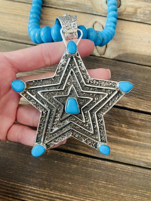 Handcrafted Turquoise & Sterling Silver Tufa Cast Star Beaded Necklace