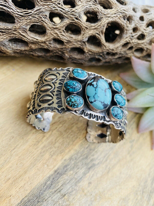 Vintage Navajo Turquoise & Sterling Silver Hand Stamped Cuff Bracelet /