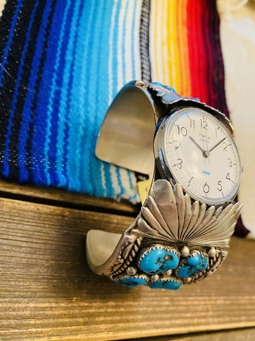 Handcrafted Vintage Turquoise & Sterling Silver Watch Cuff Signed