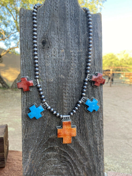 Handcrafted Buffalo Dancer Kingman Turquoise & Spiny Sterling Cross Beaded Necklace Signed