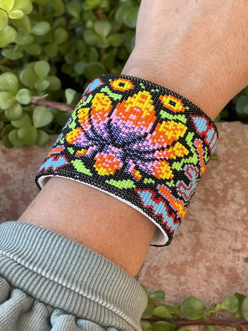 Handcrafted Beaded Flower Lotus Cuff Bracelet