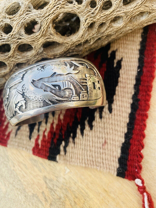 Vintage Handcrafted Sterling Silver Story Teller Cuff Bracelet