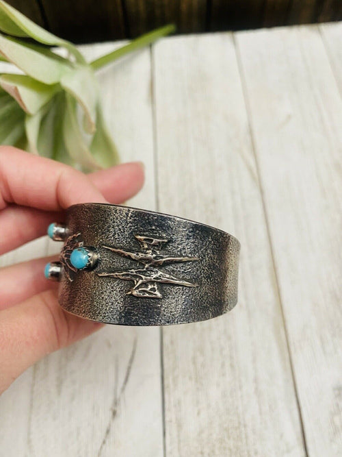 Handcrafted Old Pawn Vintage Turquoise & Sterling Silver Tufa Cast Cuff Bracelet /