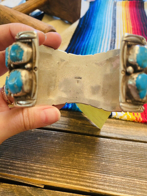 Handcrafted Vintage Turquoise & Sterling Silver Jumbo Watch Cuff Signed