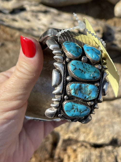 Vintage Handcrafted Sterling Silver & Kingman Turquoise Non Working Watch Bracelet