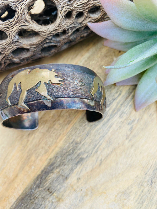 Handcrafted Vintage Sterling Silver & Copper Bear Cuff Bracelet Signed