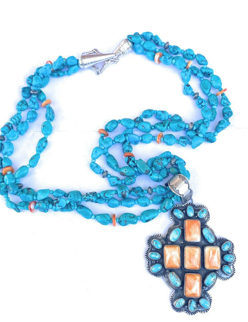 Handcrafted Vintage Sterling Silver, Turquoise & Spiny Beaded Necklace