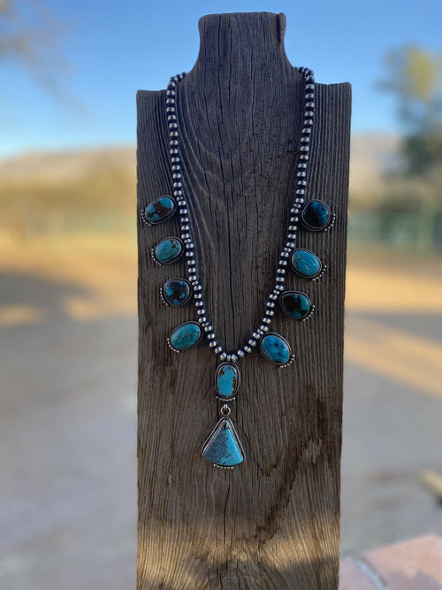 Handcrafted Sterling Silver Royston Turquoise Beaded Necklace & Earring Set