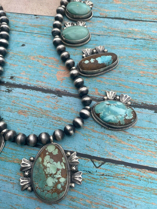 Stunning Handcrafted Sterling Silver Royston Turquoise Beaded Necklace & Earring Set by Bobby Johnson