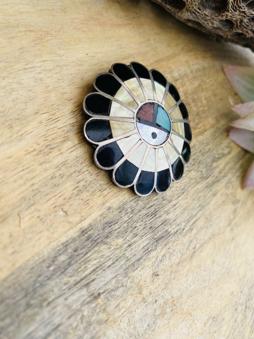 Vintage Zuni Sterling Silver & Multi Stone Sub Face Pin