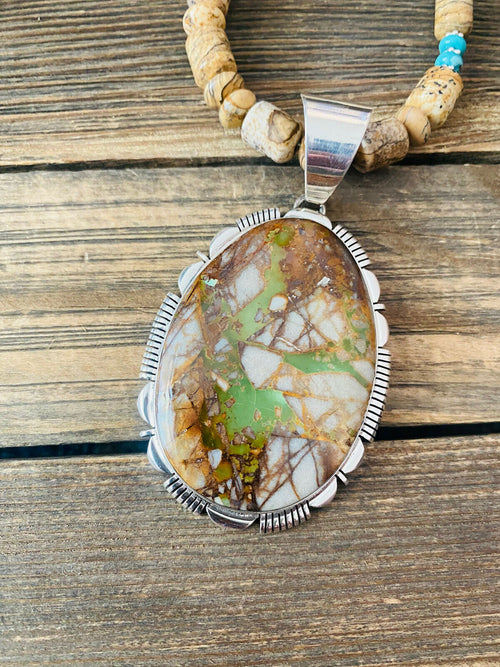 Handcrafted Jasper, Turquoise And Sterling Silver Beaded Necklace & Pendant Signed