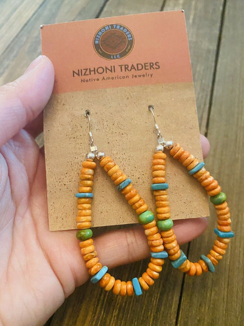 Handcrafted Spiny, Turquoise, Gaspeite And Sterling Silver Beaded Dangle Earrings