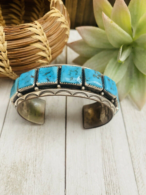 Navajo Old Pawn Vintage Kingman Turquoise & Sterling Silver Cuff Bracelet /