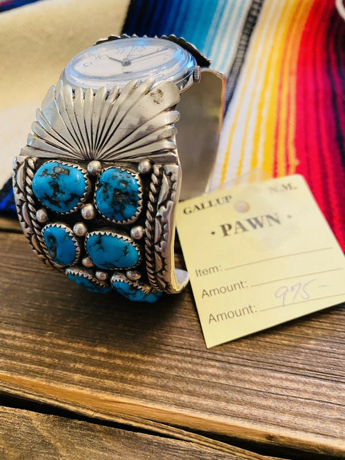 Handcrafted Vintage Turquoise & Sterling Silver Watch Cuff Signed