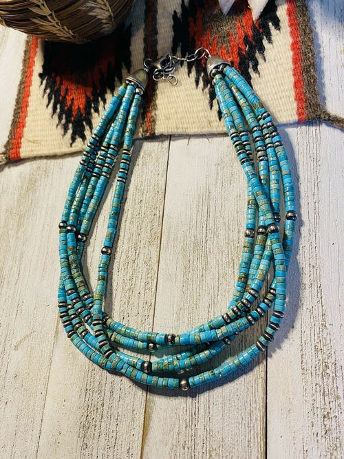 Handcrafted Turquoise & Sterling Silver Beaded 5 Strand Beaded Necklace