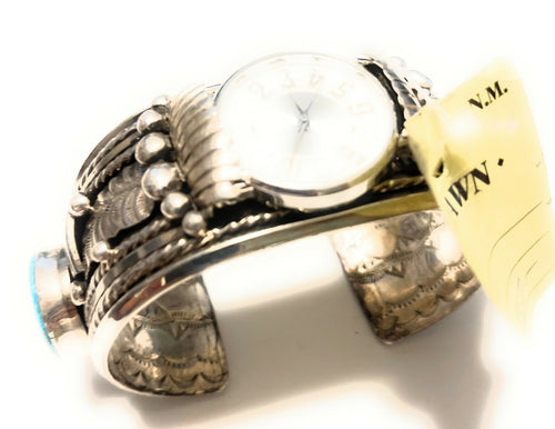 Handcrafted Vintage Sterling Silver & Kingman Turquoise Non Working Watch Bracelet