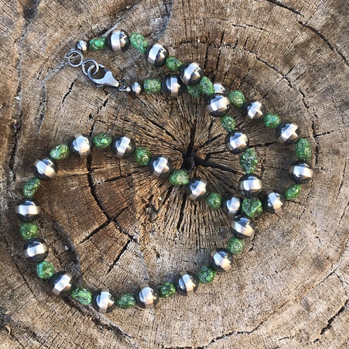 Navajo Sterling Silver and Sonoran Gold Turquoise Beaded Necklace