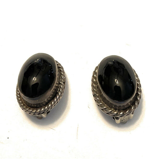 Handcrafted Vintage Sterling Silver Black Onyx Oval Clip On Earrings Signed