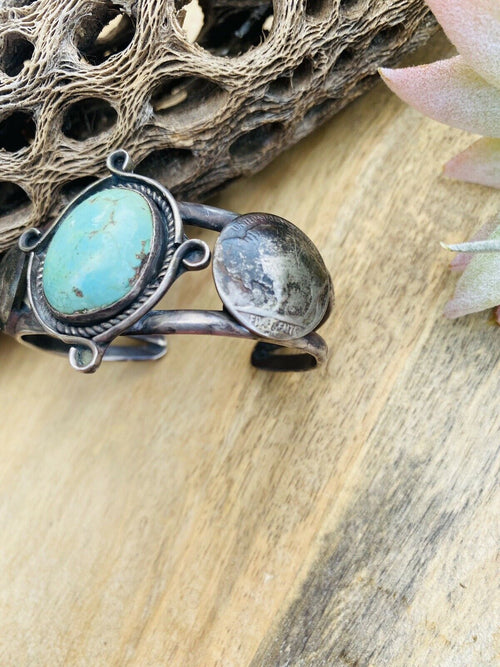 Handcrafted Vintage Turquoise & Sterling Silver Liberty Coin Cuff Bracelet
