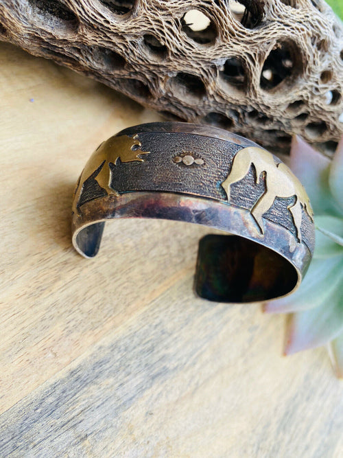 Handcrafted Vintage Sterling Silver & Copper Bear Cuff Bracelet Signed