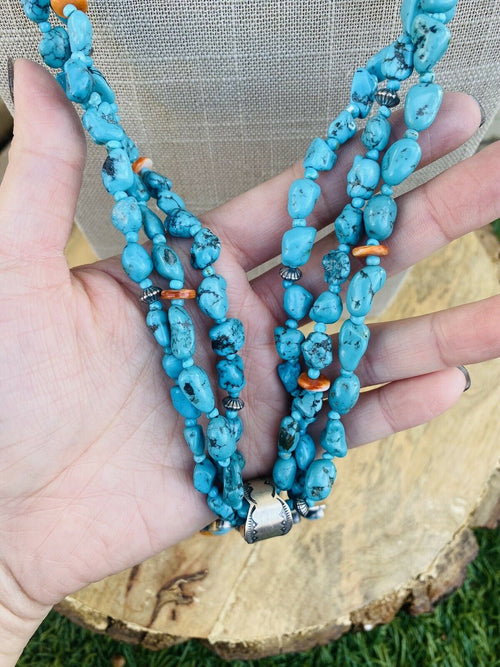 Handcrafted Vintage Sterling Silver, Turquoise & Spiny Beaded Necklace