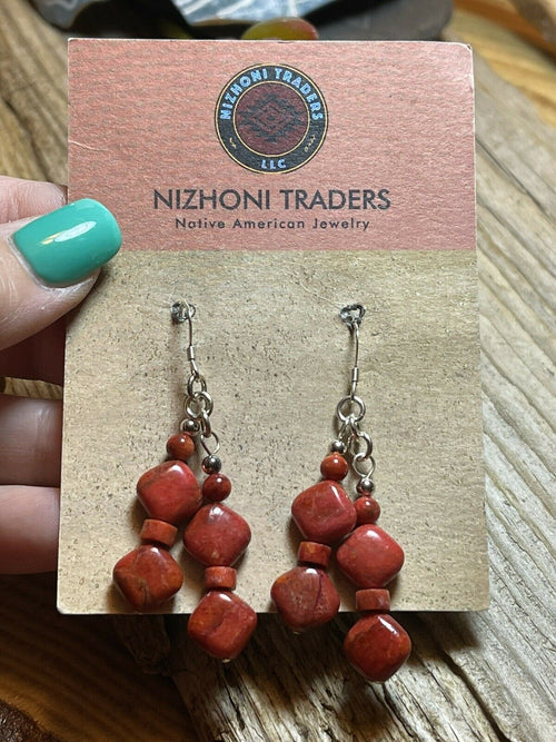 Handcrafted Sterling Silver Apple Coral 2 Strand Beaded Earrings