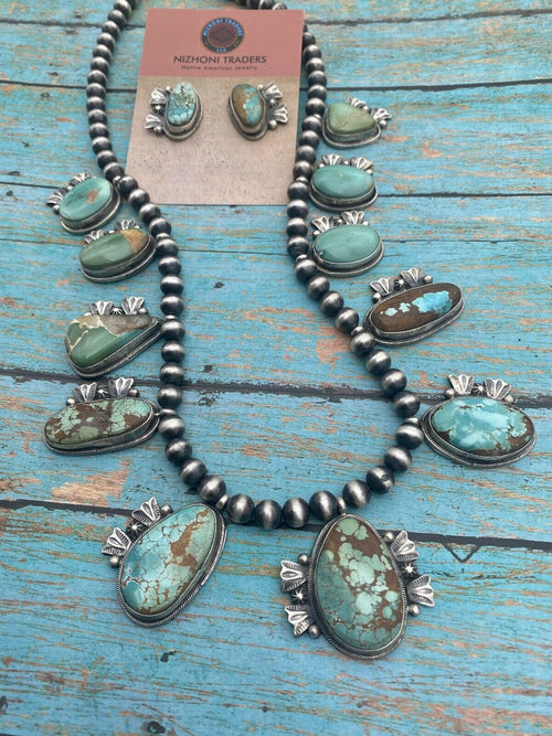 Stunning Handcrafted Sterling Silver Royston Turquoise Beaded Necklace & Earring Set by Bobby Johnson