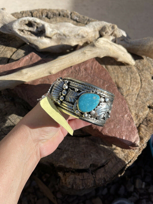 Handcrafted Vintage Sterling Silver & Kingman Turquoise Non Working Watch Bracelet