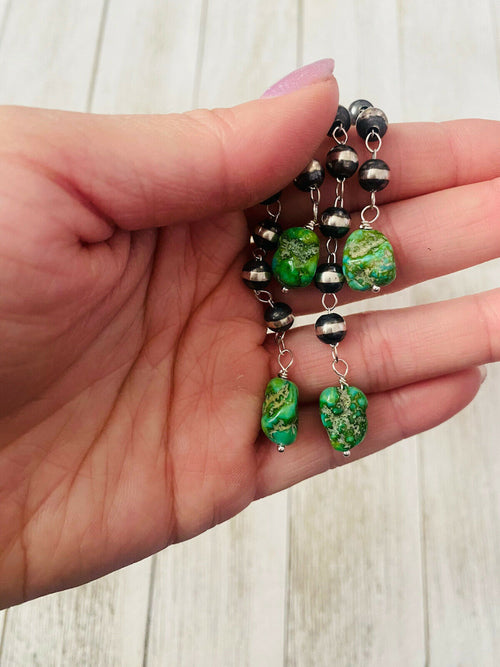 Handcrafted Sonoran Gold Turquoise & Sterling Silver Pearl Beaded Necklace Set